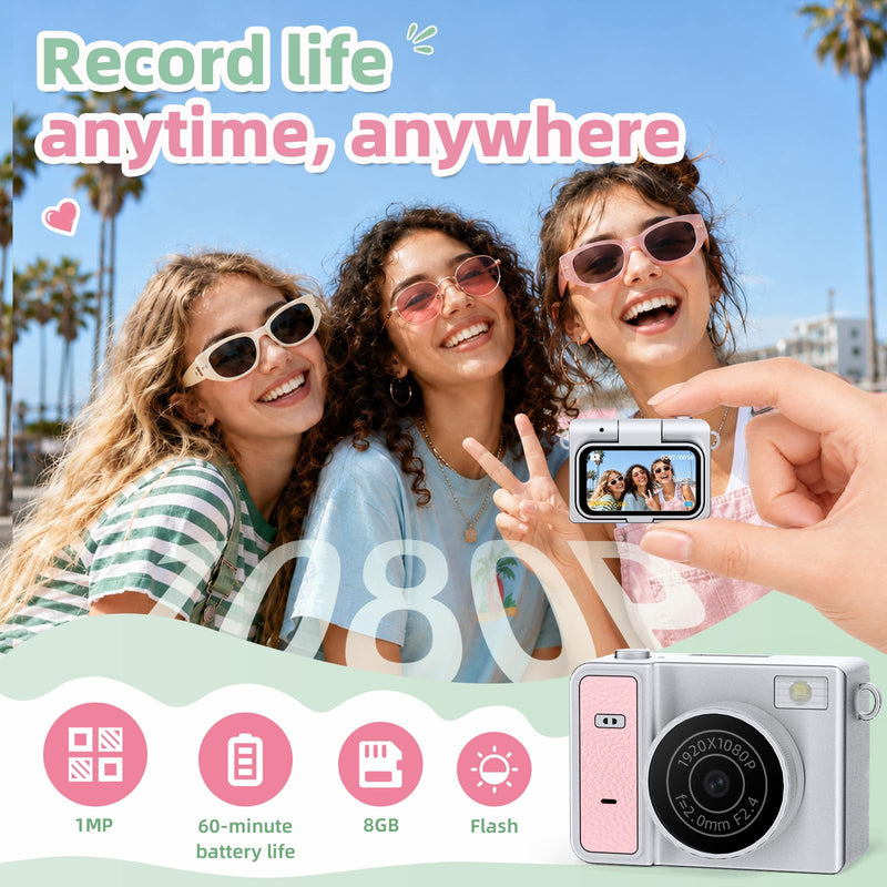 Mini Keychain Digital Camera, Pink Mini Camera with Flip Screen, 1MP 1080P Small Camera, 8GB Card, Video Recorder, Long Battery Life for Travel, Party and Vlog