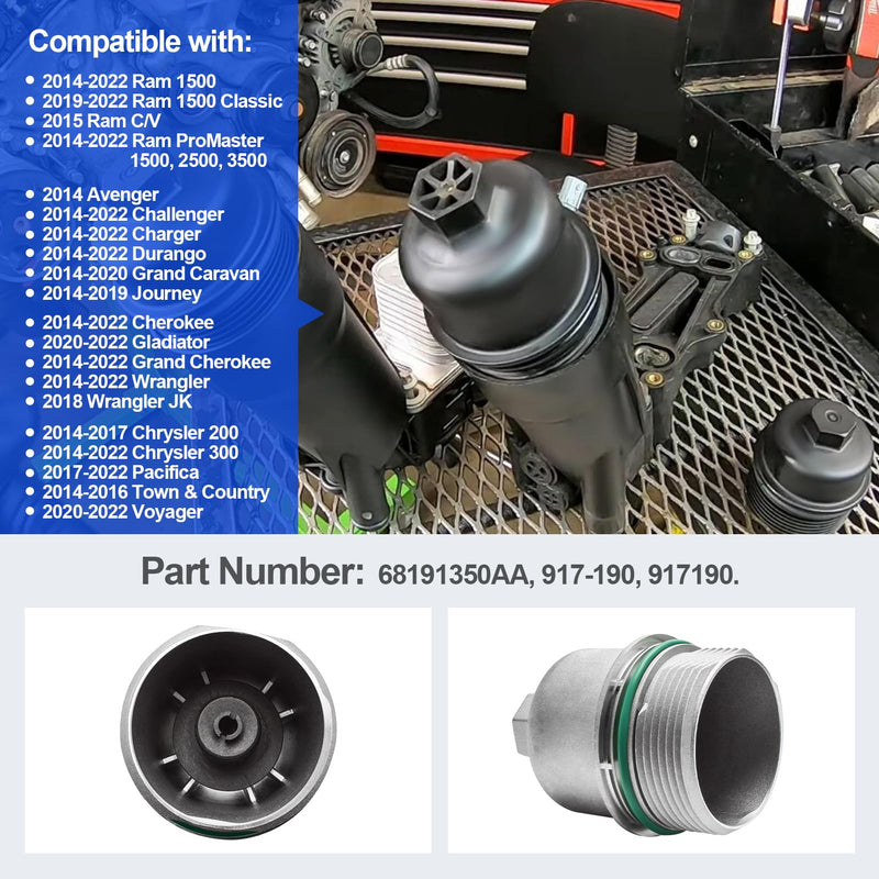 Oil Filter Housing Cap Compatible with Chrysler Dodge Ram200, Ram300, Challenger, Charger, Durango, Cherokee, Grand Cherokee, Wrangler, Grand Caravan Selected Models Part Numbers 68191350AA 917-190
