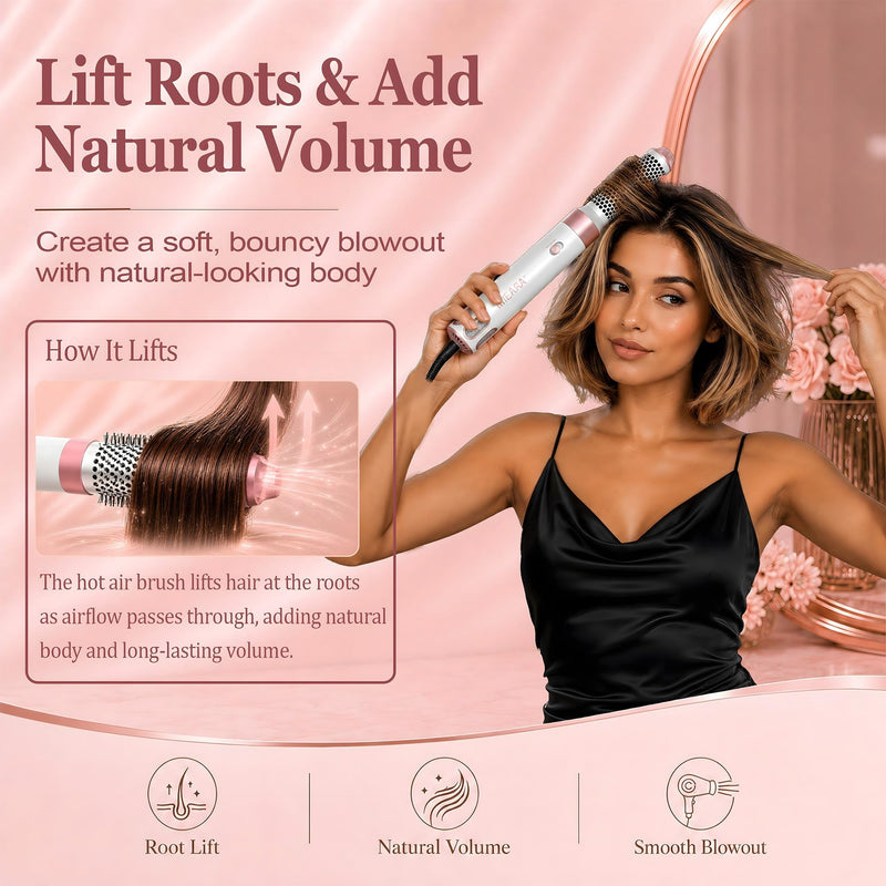 5 in 1 Hair Styler & Air Styler, 1000W Ionic Hair Dryer with 3 Heat Settings, Auto Wrapping Hair Curlers, Hot Air Brush, Straightening Brush for Quick Styling and Volumising for All Hair Types Peachy