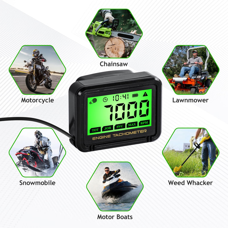 Digital Tachometer Hour Meter with RPM Alarm,IPX68 Waterproof Small Engine Tachometer,Replaceable Battery,Inductive RPM Gauge for Motorcycle,Chainsaw,Mower,ATV,Marine