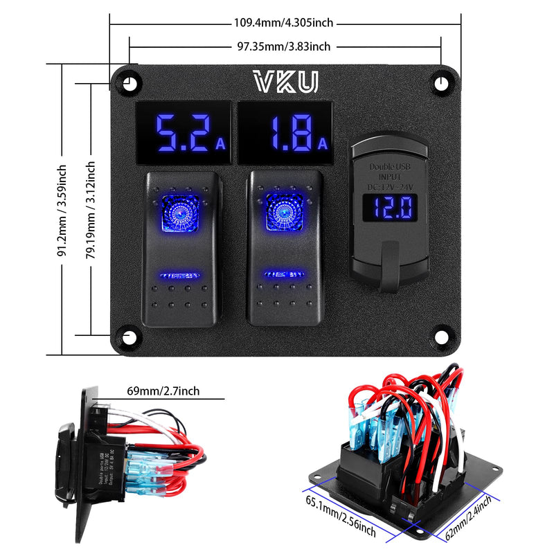 2 Gang Rocker Switch Panel with Ammeter and Voltmeter 4.8A Dual USB Charger Socket 12V 24V DC Aluminum Switches Panel 5Pin ON Off Switch for RV Cars Marine Boats ATVs Trailers 2 Gang with Dual USB Charger