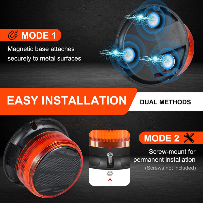Solar Amber Strobe Light, 48 LED Rechargeable Emergency Warning Beacon Light with 9 Flash Modes, Magnetic Mount, IP68 Waterproof for Trucks, Forklifts, Tractors, Golf Carts, UTV, Car, Bus