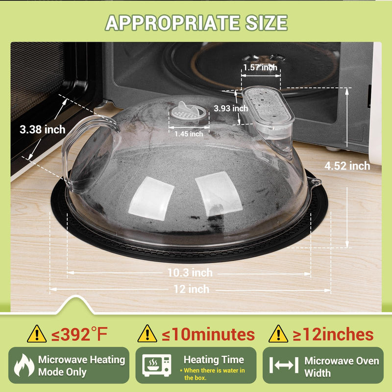 Microwave Splatter Cover for Food, Clear Microwave Lid with Water Steamer, Integrated Handle, Splatter Guard, 10” Plate Covers & 12" Mat, BPA-Free, Essential Kitchen Gadgets and Accessories 10.5"×10.5"×4.2" transparent