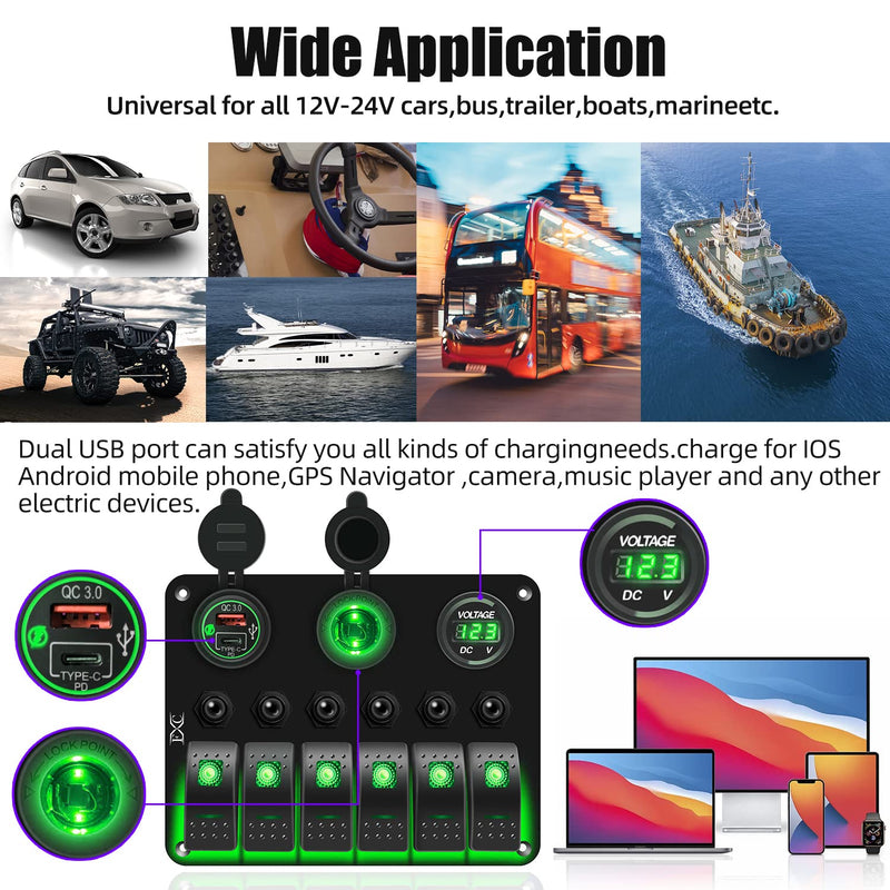 FXC Waterproof Marine Boat Rocker Switch Panel 6 Gang with QC3.0 USB & Type-C Slot Socket + Cigarette Lighter +LED Voltmeter with Overload Protection for Car Rv Vehicles Truck (6 Gang Green LED)