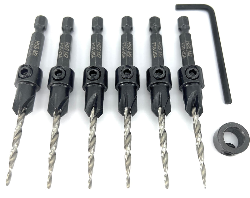 FTG USA 6 Pc #6 (9/64") Countersink Drill Bit Set with Tapered Drill Bits | 6 counter sink drill bit for wood, all same size. Includes 1 depth stop 3/8", 1 hex key; pre-drill woodworking boring tool Same Sort 6 Pc