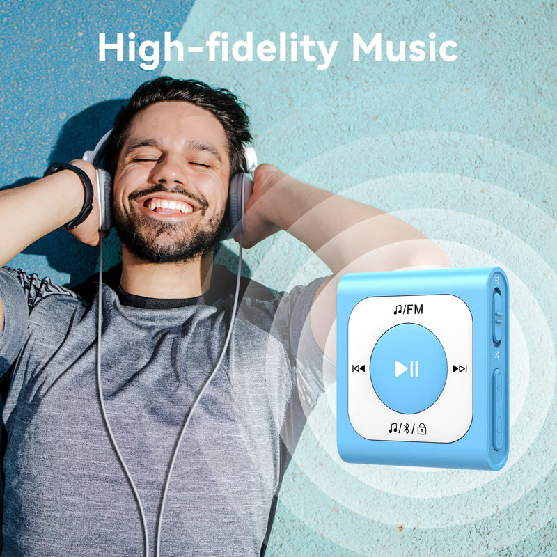 64GB Clip MP3 Player with Bluetooth, AGPTEK Portable Music Player with FM Radio, Shuffle, No Phone Needed, for Sports - A51PL 64GB Blue