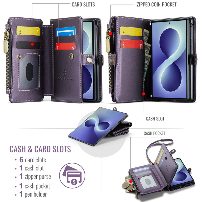 Strapurs for Samsung Galaxy Z Fold 8 - Zipper Strap Wallet Case, Purple | RFID Blocking 6-Card Holder, Shoulder Lanyard, Wirst Strap, Zipper Pocket, Magnetic Snap, PU Leather, Phone Cover for Women