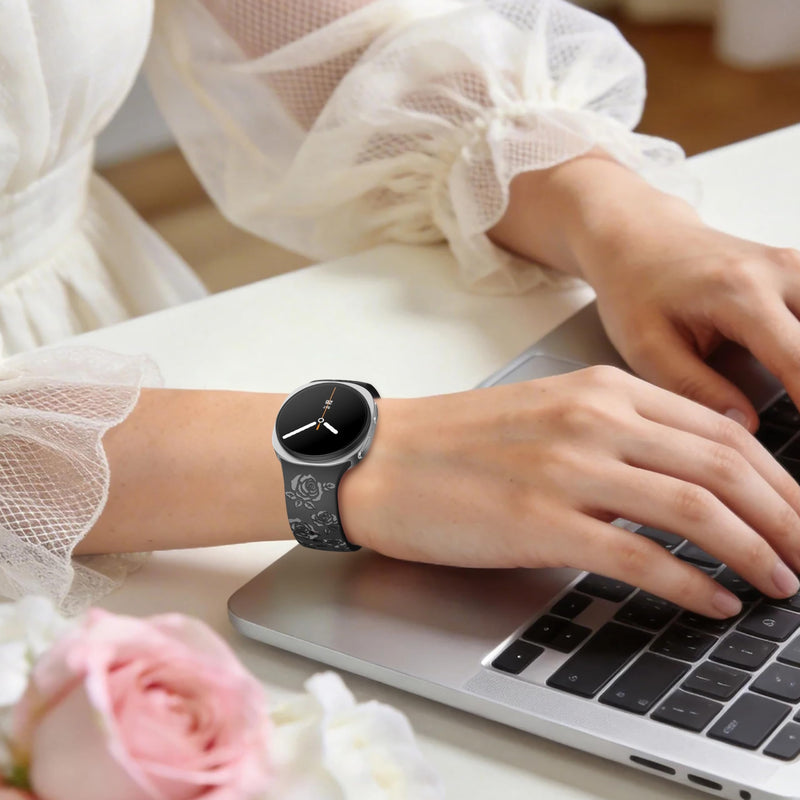 Floral Bands for Samsung Galaxy Watch 9 8 40mm 44mm Watch 8 Classic 46mm | Glossy Floral Engraved, Soft Waterproof Silicone, Sport Strap for Galaxy Watch 9 Band Women Men, Ideal for Workout Office Black