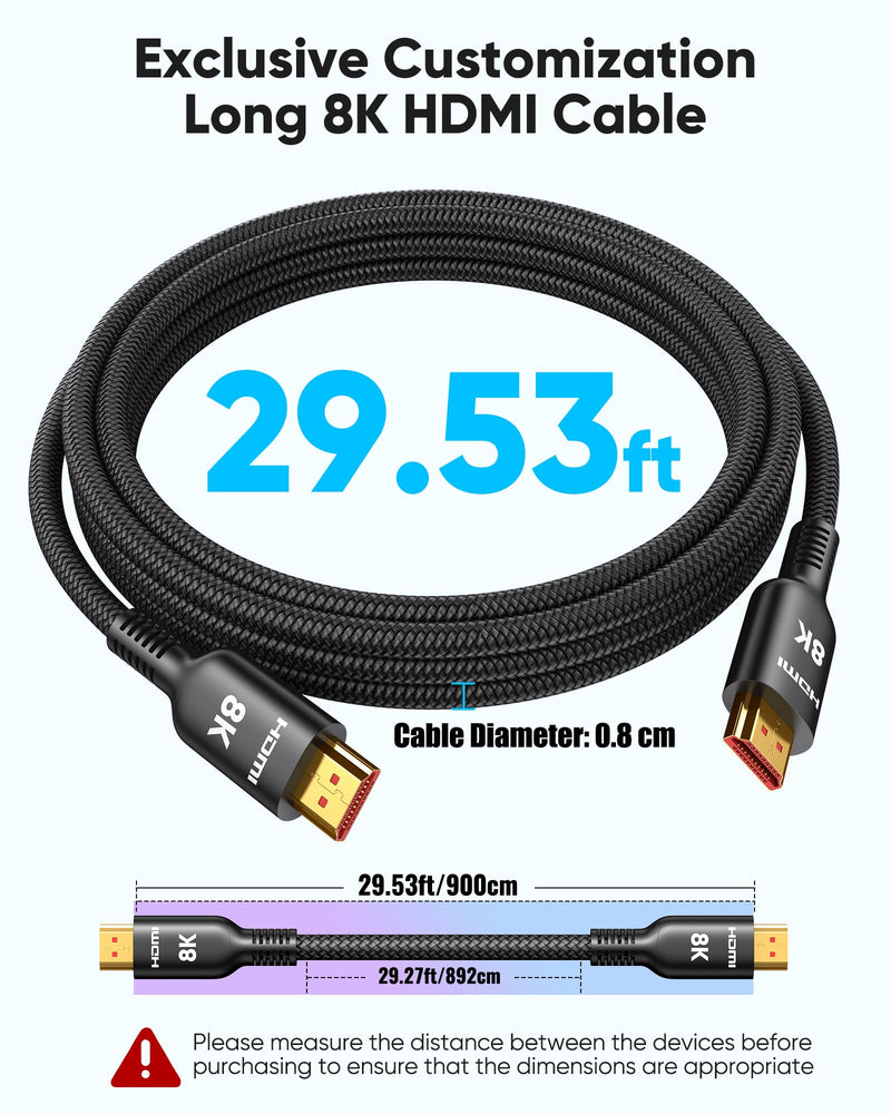 Highwings Long HDMI Cable 30FT, 8K 4K HDMI 2.1 Cord Ultra High Speed[48Gbps 8K@60Hz 4K@120Hz], Heavy Duty, Flexible,Braided, eARC, HDCP 2.2&2.3, HDR 10-Compatible with HDTV,Projector,Monitor and More 30 feet