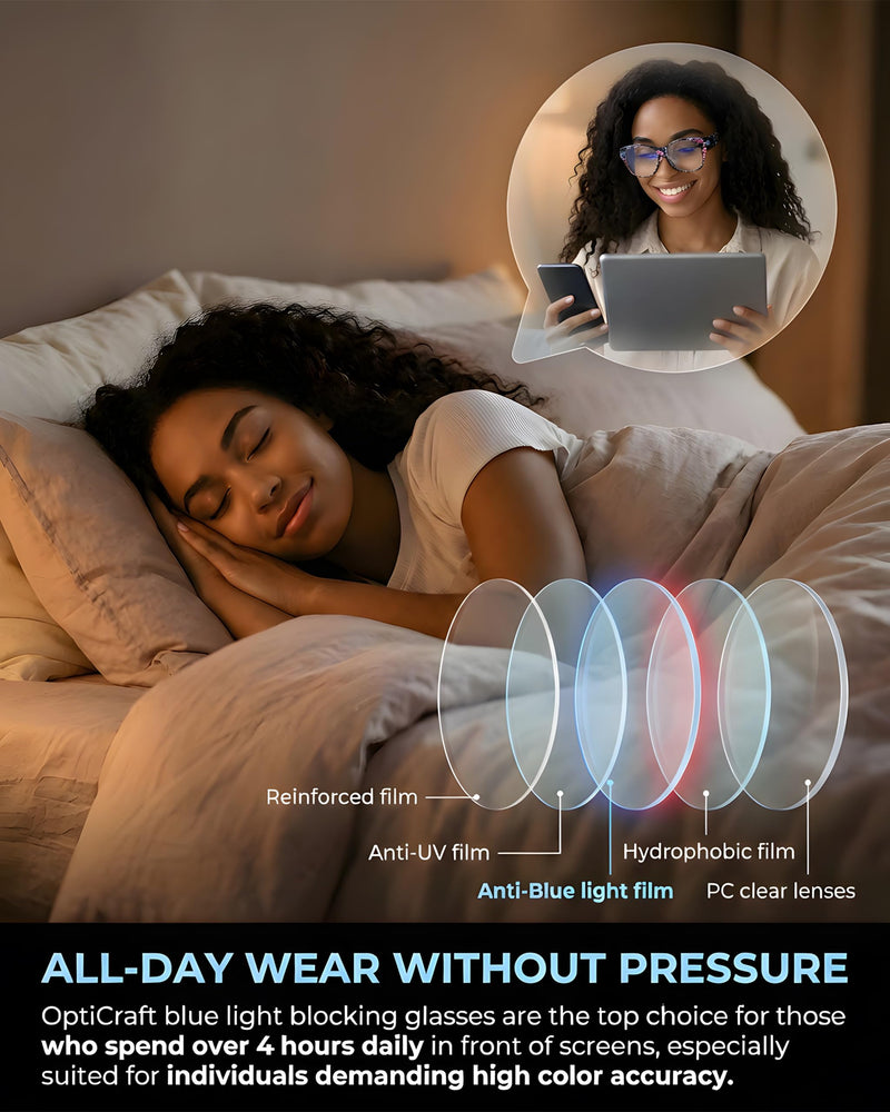 OptiCraft Blue Light Blocking Glasses Wear Over Prescription | Alleviate Eye Strain & Reduce Headaches, Round Lightweight Oversized Design, Ideal for Office Work and Daily Use A01 Floral / Clear