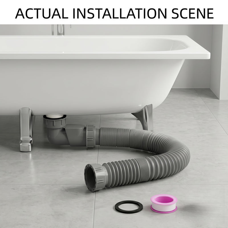 Low Profile 1 1/2 Bathtub Shower Drain Pipe with One-Way Valve, Flexible Drain Pipe for Freestanding Tub, Odor Prevention Flat Curved Hose Kit for Bath and RV Tub, YGG003 (Gray) Gray