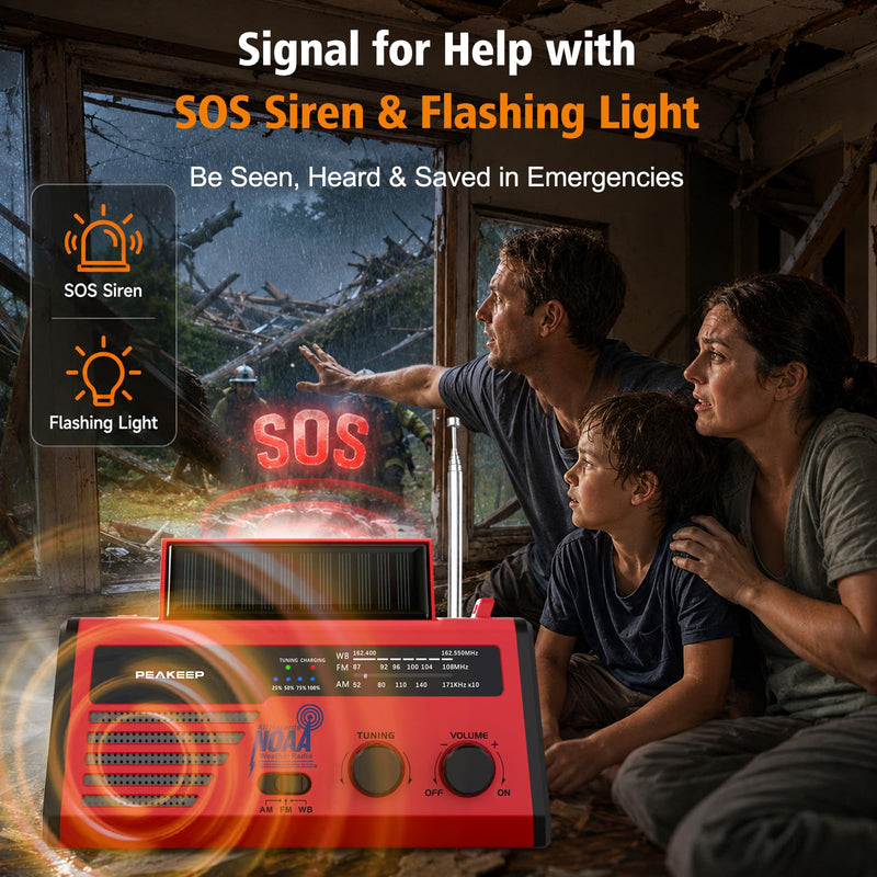 Peakeep NOAA Emergency Weather Radio Alert with Crank Solar Battery Powered | Portable Radio AM FM, Rechargeable Battery Backup, SOS, Flashlight Lamp USB Port for Home Outdoor Camping Storms Blackouts Red with Black