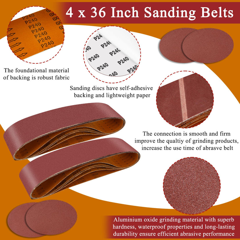 ONLYFU 55PCS 4 x 36 Inch Alumina Sanding Belts (80/120/150/240/400 Grits) with 6 Grits 6-Inch Self Stick No Hole Sanding Disc for Aluminum Oxide Sanders, Sandpaper for Wood Metal Stainless Steel 55