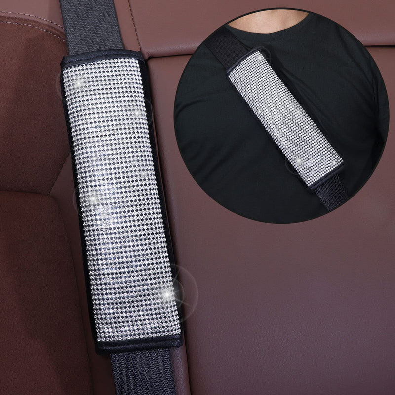 Bling Car Accessories for Women,7 Pack Sparkly Rhinestone Diamond Steering Wheel Cover Set,Bling Seat Belt Cushion,Shift Knob Cover,Push Start Button Accessories,Car Cup Coaster,Silver A-Classic Style White