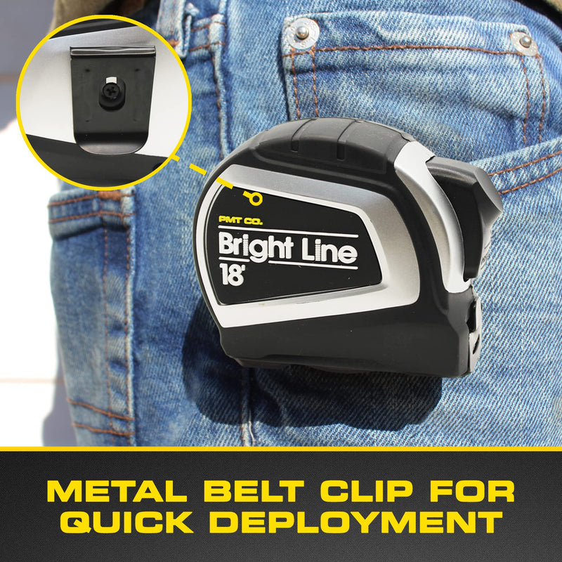 Perfect Measuring Tape - BrightLine High Contrast Dark Mode Easy Read Tape Measure for Low Light Visibility - Heavy Duty Rubber Case 18ft (Inch Fractions) Dual Sided Auto Lock Tape Measure Retractable Black