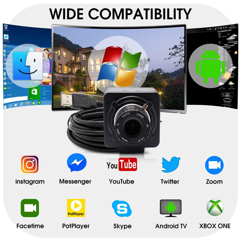 SVPRO 1080P Full HD Mini USB Webcam 2MP CMOS OV2710 4mm Manual Focus Lens CS Mount High Frame Rate 30fps/60fps/100fps USB Camera for Linux, Windows, Android, Plug and Play 4.0mm Lens
