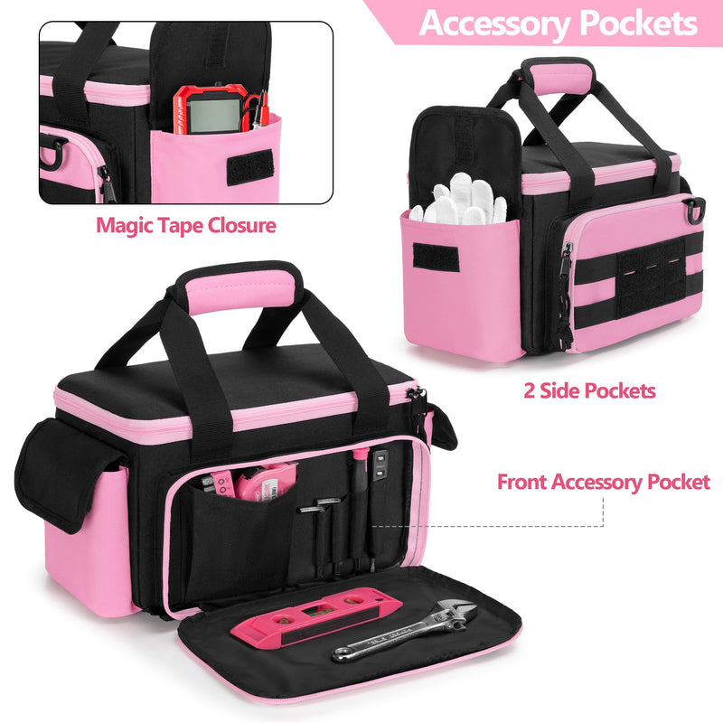Rexmica Pink Tool Bag for Women, Tool Storage Organizer with Anti-friction and Thick Padded Bottom, Tactical Range Bag, Multi-functional Work Bag for Repairman, Electrician, Carpenters, Pink