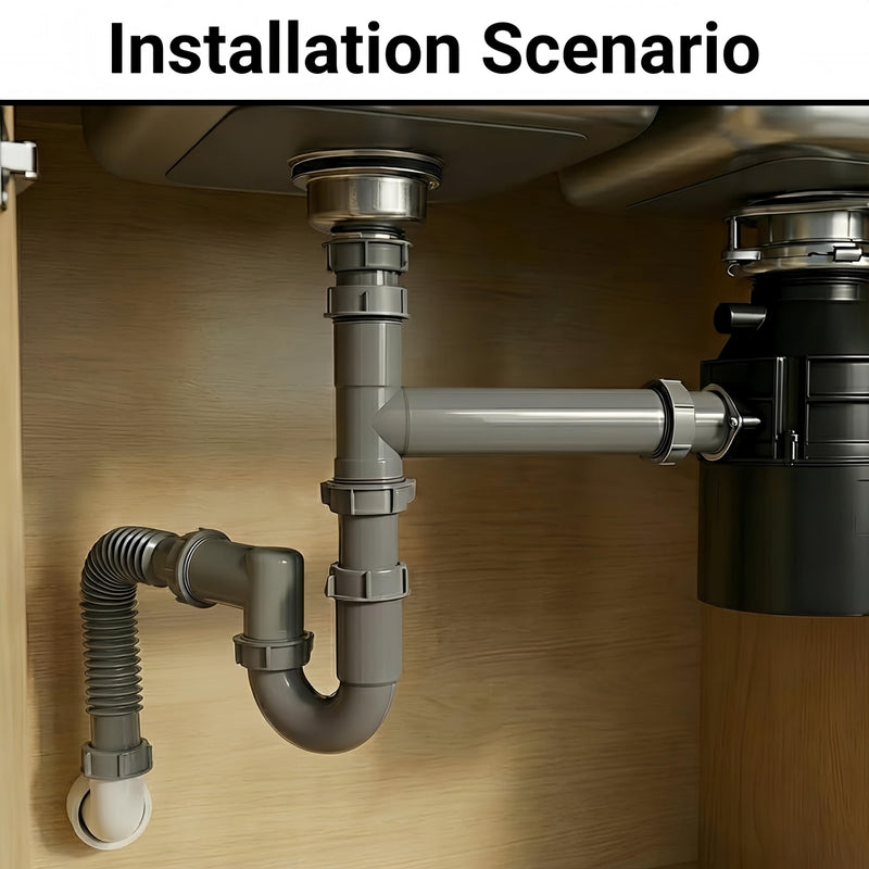 Garbage Disposal Installation Kit, Complete Kitchen Sink Drain Pipe Kit for Double Bowl Sink, 1-1/2" Plumbing, Wall Mount or Floor Drain, Includes Elbow, P trap, Flange, Gasket and Adjustable Tailpipe