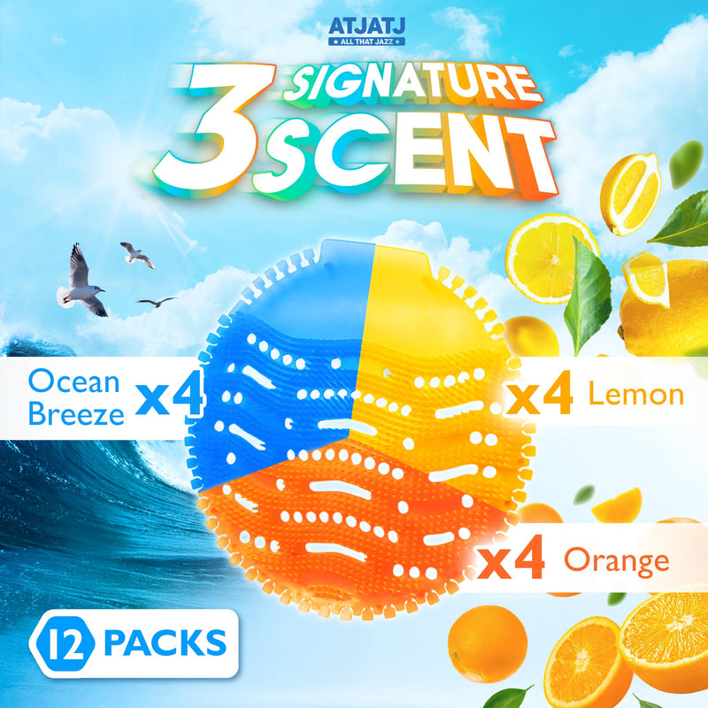 12 Packs Urinal Screen Deodorizer, 3 Fresh Scents, Ocean Breeze, Lemon, Orange, Splash Guard Odor Protection Deodorizer, Urinal Cakes, Urinal Pads Ideal for Men in School, Bathroom, Restroom, Office