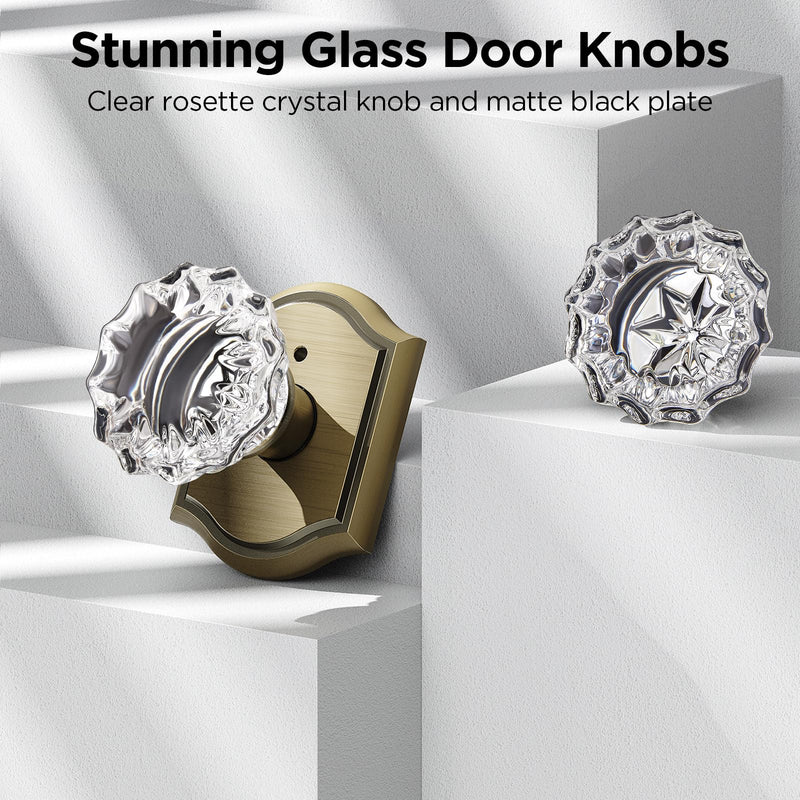 1 Pack Glass Door Knob, Rosette Shaped Crystal Door Knobs with Lock, Antique Brass Door Knobs Interior Glass 1