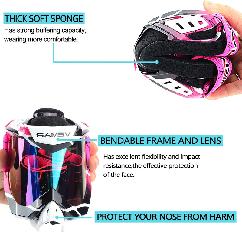 Motorcycle Motocross Goggles ATV Racing Goggles Dirt Bike Tactical Riding Motorbike Goggle Glasses, Bendable Windproof Dustproof Scratch Resistant Protective Safety Glasses (Pink) Pink