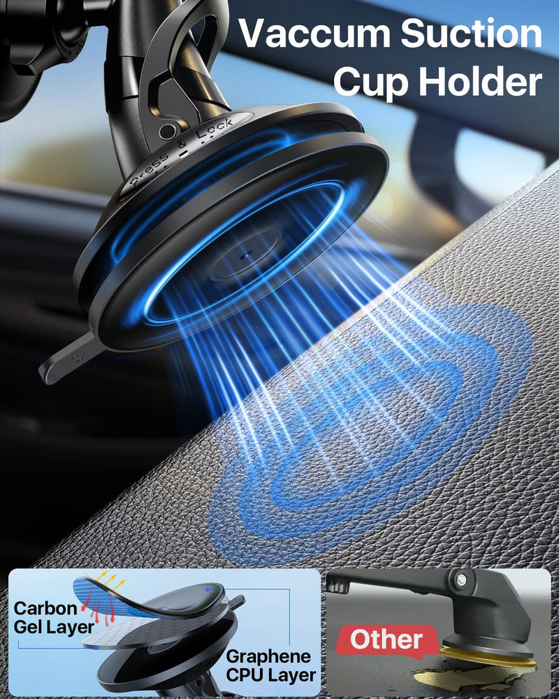 YRU [True Upgraded Military-Grade] Phone Holder for Magsafe Car Mount 360° Rotating Vacuum Suction Dashboard, 2800gf Strongest Magnetic Windshield Phone Mount for iPhone 16 Pro Max 15 14 13, Black