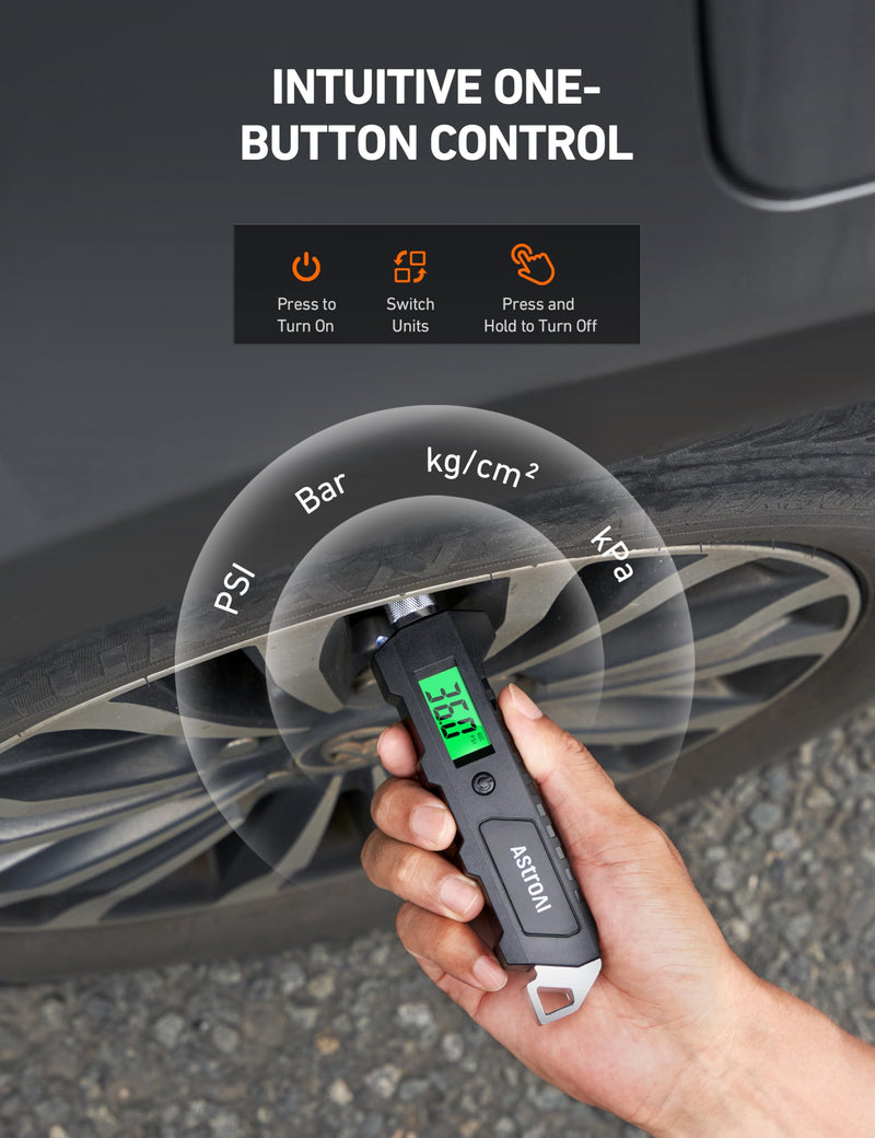 AstroAI Digital Tire Pressure Gauge, 230 PSI 4 Settings Heavy Duty for Car Bicycle with Larger Backlit LCD Flashlight and Non-Slip, Black