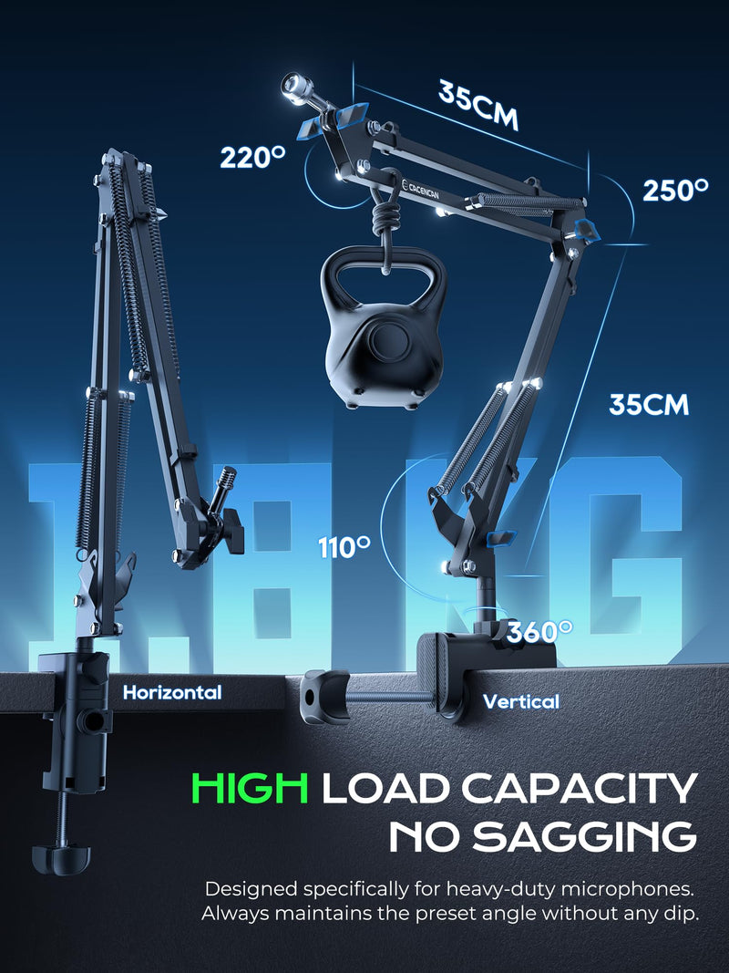 CACENCAN Upgraded Mic Arm Stand, 1.8KG Heavy Duty Boom Arm for HyperX QuadCast, 360° Adjustable Microphone Stand with C-Clamp, Universal 3/8" 5/8" Adapter for Gaming Streaming Podcast Recording Studio Black
