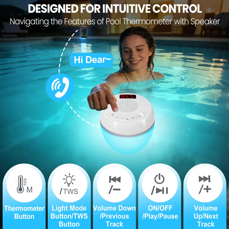 AearKing 3in1 Floating Pool Speaker with Digital Pool Thermometer & Lights | RGB Lights, TWS, IP68 Waterproof, Bluetooth 5.0, 360° Surround Sound, LCD Temperature Display, ABS,USB Charging White