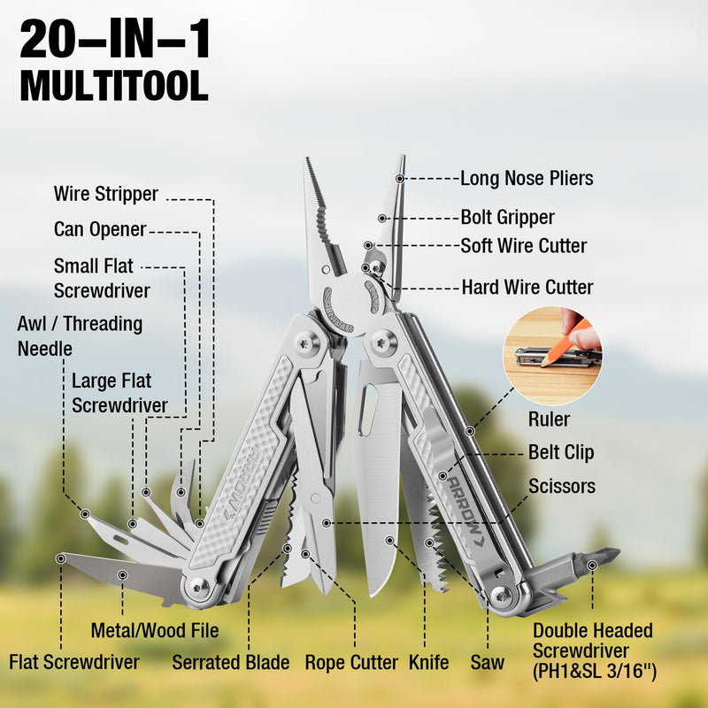 ARROW 20-In-1 Multi Tool Pliers, Gifts for Men Dad, Stainless Steel EDC Multitool with Pocket Knife, Sheath and Pocket Clip, Safety Locks, Multi-Use Tool for Outdoor, Camping, Hiking
