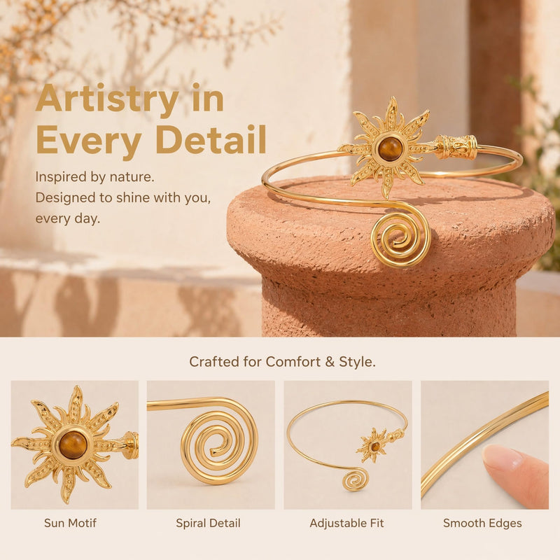 Gold Sun Arm Cuff for Women Adjustable Upper Arm Bangle Coil Swirl Armband Minimalist Jewelry Statement Cuff Beachy Party Accessory