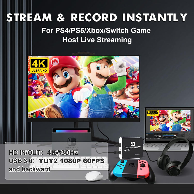 USB 3.0 Video Capture Card,1080P HDMI Recorder Game Capture Card for Windows/Mac OS,Compatible with Switch/PS5/PS4/Xbox/PC/Camera for OBS,Twitch,TikTok,YouTube Live Streaming and Recording White
