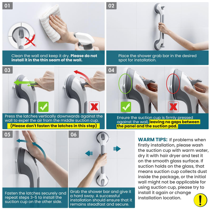 TAILI Shower Grab Bar 16 Inch Suction Cup Grab Bars for Bathroom, Removable Shower Safety Handle Heavy Duty Bathtub Grip for Seniors & Elderly, Strong Handrails No Drilling Waterproof, Grey,G9 16.8" Gray