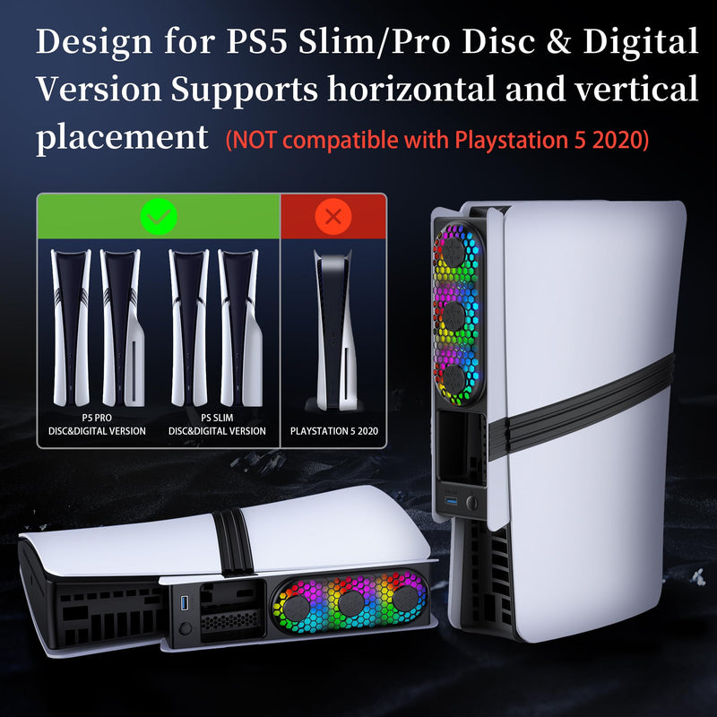 RGB PS5 Slim/Pro Cooling Fan, Auto Power Cooling System for PS5 Pro/Slim, Silent Cooler Fan with 3 Fans/3 Speed/USB 3.0 Port Compatible with PlayStation 5 Slim/Pro Digital and Discs Edition