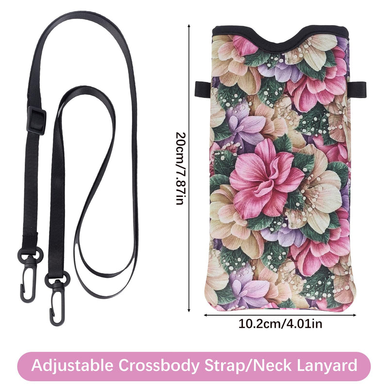 NICENEEDED Neoprene Phone Sleeve Pouch, Floral Cell Phone Case Bag with Crossbody Strap Neck Lanyard, 4 x 7.9 Inch Colorful Flower Cell Phone Bag for Women
