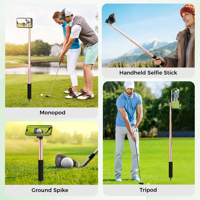 Golf Selfie Stick with Ground Spike & Tripod, Magnetic Mount | Golf Selfie Stick with Spike & Tripod, Magnetic Mount, 360° Swivel | Adjustable 11.4-47 in Pole for Swing Recording & Travel