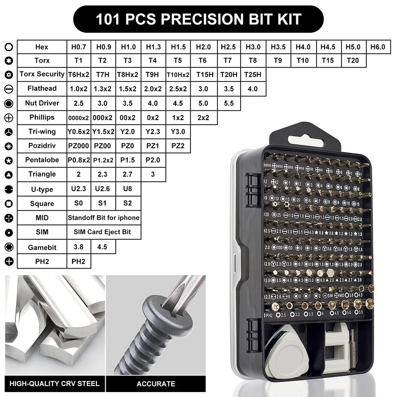 STREBITO Precision Screwdriver Set 124-Piece Electronics Tool Kit with 101 Bits Magnetic Screwdriver Set for Computer, Laptop, Cell Phone, PC, MacBook, iPhone, Nintendo, PS4, PS5, Xbox Repair 124 Pieces Grey
