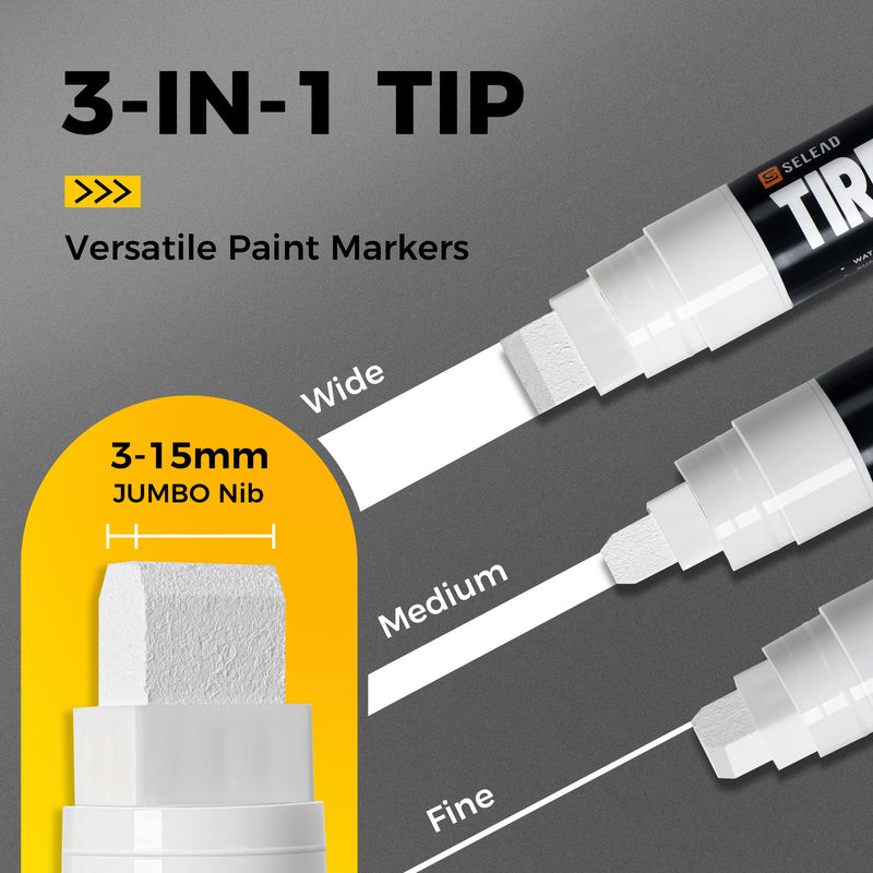 SELEAD Jumbo Tire Marker White - 4 Pack 15mm Wide Tip Paint Pens for Car Tires Lettering, Large Capacity Premium Ink Waterproof Permanent Markers 4white