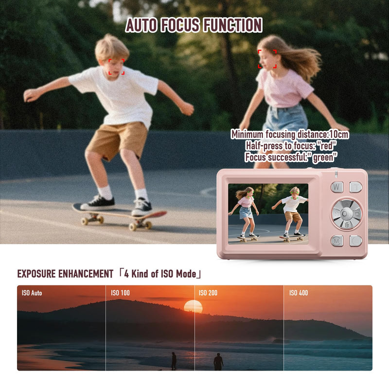 Digital Camera, 4K 48MP Autofocus Dual Screen for Selfies, 18X Zoom Fill Light, Portable Point and Shoot Travel Camera for Kids, Teens, Girls, Boys (SD Card Not Included)- Pink