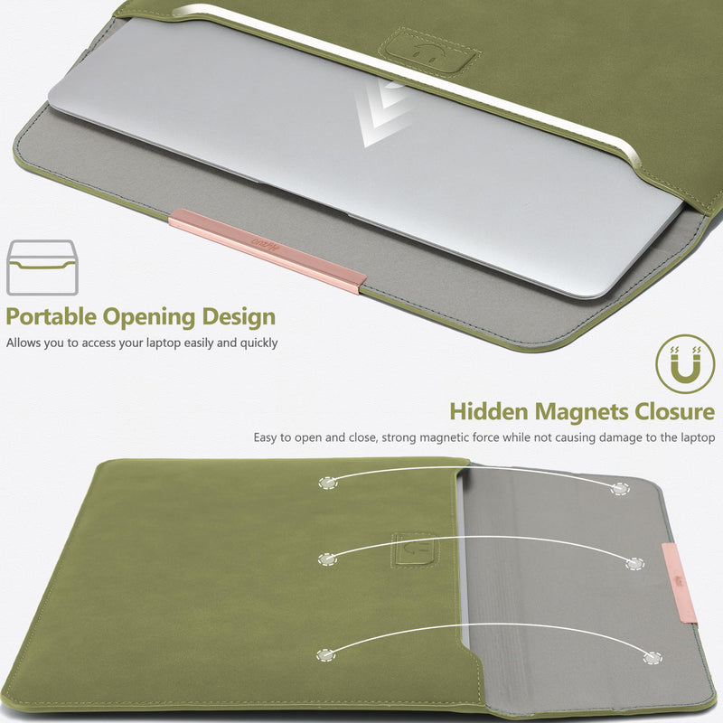 HYZUO 13.3-14 Inch Laptop Sleeve Case with Stand for MacBook Pro 14 M4/M3/M2/M1 2025-2021, MacBook Air/Pro 13.3, 13.8/13.5 Surface Laptop, HP Spectre X360 13/14, Olive Green(Smiley)