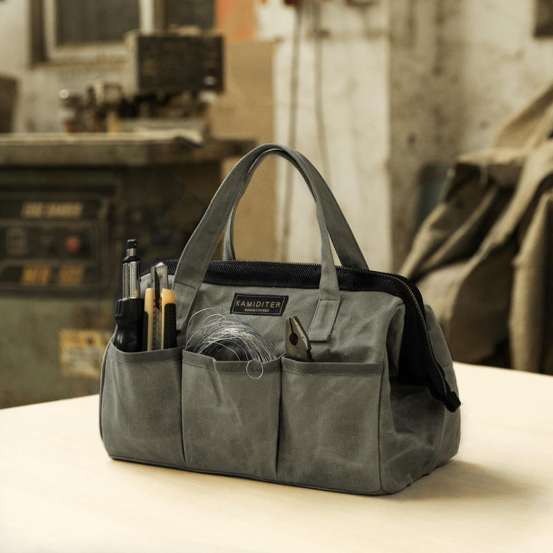 13-inch Tool Bag, Heavy Duty Wide Mouth Water-Resistant Tool Bag, Tool Tote with Handle for Tools, Wrenches, Screwdrivers (13 X 7 X 9 inch) | ArmyGreen 13 Inch