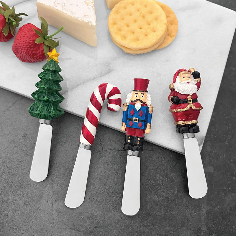 Supreme Housewares Tis the Season Cheese Spreaders, Hand-Painted Resin Handles with Stainless Steel Blades for Spreading Cream Cheese, Butter, and Jam, Assorted Christmas Designs, Set of 4