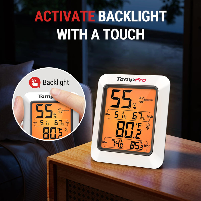 TempPro Hygrometer Thermometer for House, Bluetooth Room Indoor Greenhouse Thermometer Monitor Up to 260FT, Backlit Humidity Meter Temperature Sensor with 2-Year Data Export,2 PS(Previously ThermoPro)