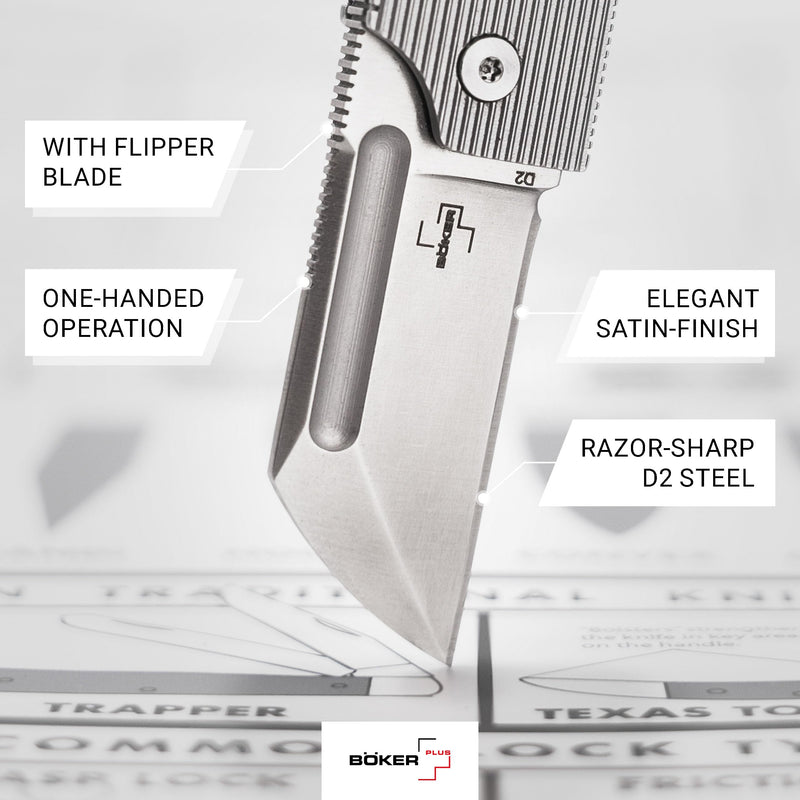 BOKER PLUS BabyX Flipper Steel – Ball-Bearing EDC Mini Pocket Knife with D2 Sheepfoot Blade – Small One-Hand Folding Knife with Stainless Steel Handle and Clip – Pocket Knife in Gift Box