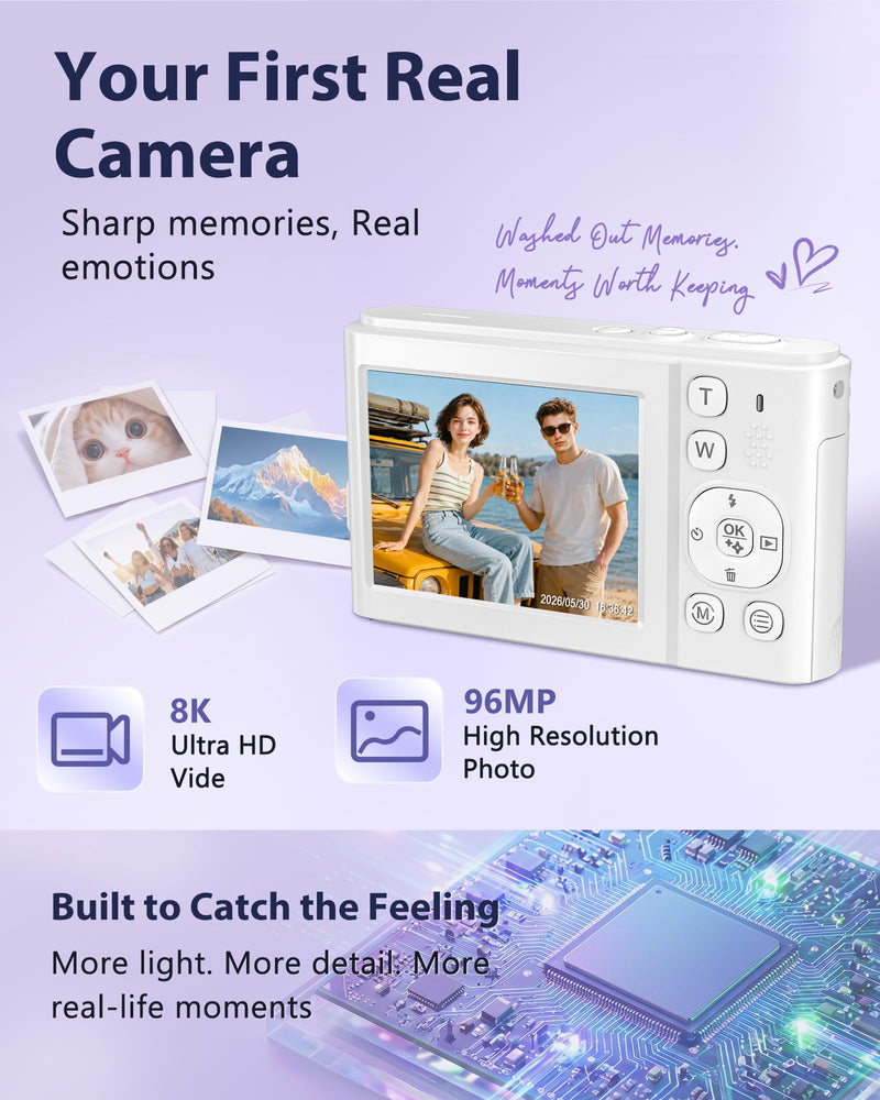 8K Digital Camera, 96MP WiFi Camera for Photography with Dual Screen(White) | Autofocus, Anti-Shake, 16X Zoom, Vlogging Point Shoot Camera for Teens, Beginners, Travel, 2 Batteries, 32GB Card White