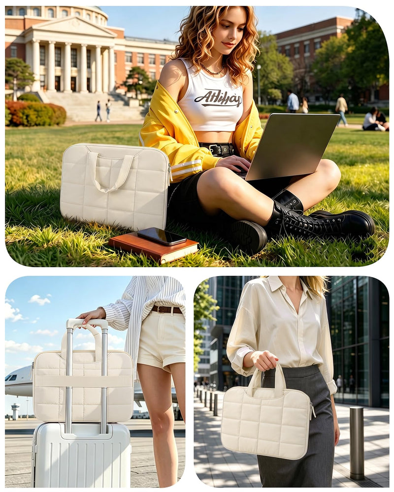FINPAC Laptop Sleeve Case for MacBook Neo 13 Inch MacBook Air 13.6” Beige | Quilted Puffy Lightweight Laptop Carrying Bag for Women w/ Handle, Luggage Strap, Pockets Fits MacBook Air Pro 13.3" 14"