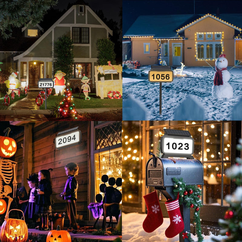 Solar Address Sign, House Number Sign with 3 Lighting Modes, Mailbox Numbers for Outside, In Ground & Wall/Mailbox Mounted, Waterproof Yard Sign, Illuminated One Sided