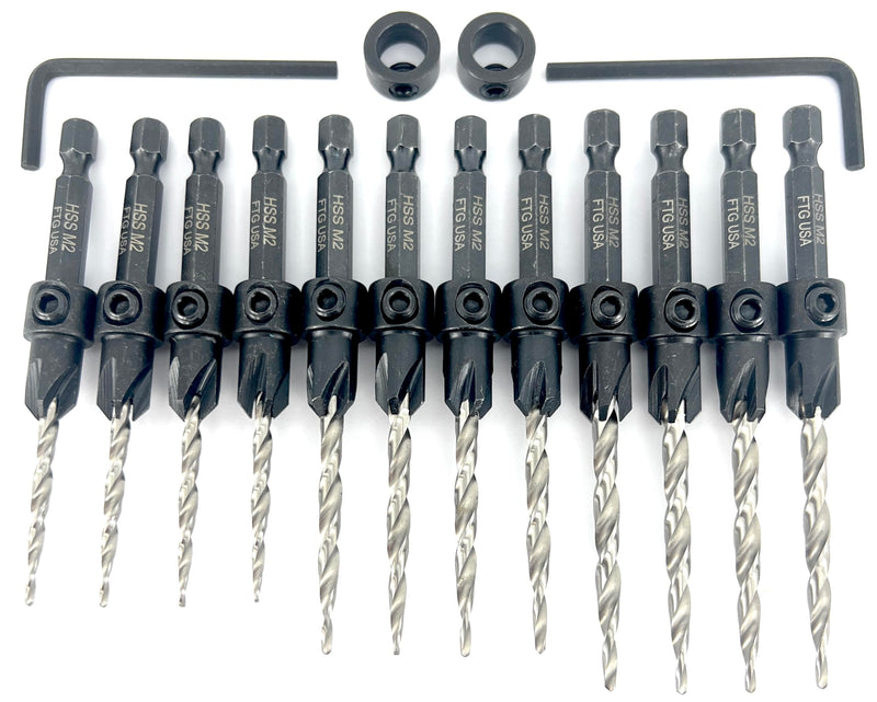 FTG USA Countersink Drill Bit Set 4 Pc #6(9/64"), 4 Pc #8(11/64"), 4Pc #10(3/16") with Tapered Drill Bits for Woodwork with Storage Container #6#8#10 4 Pc with Depth Stop