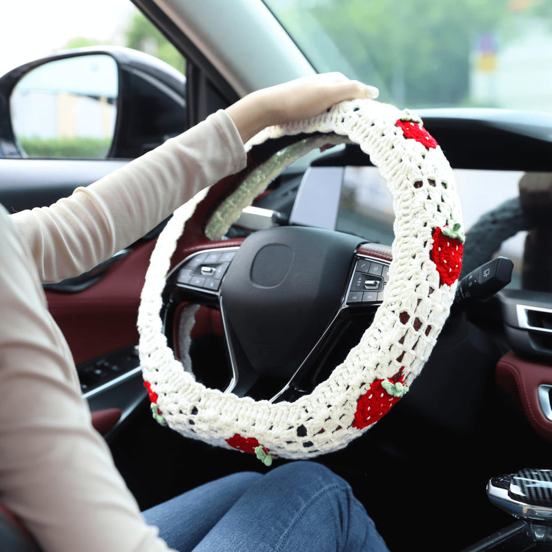 Crochet Steering Wheel Cover Set,Cute Car Steering Wheel Cover Boho 14-15 in, White Strawberry Granny Square Pattern,Women Car Accessories (A Wheel Cover) A Wheel Cover