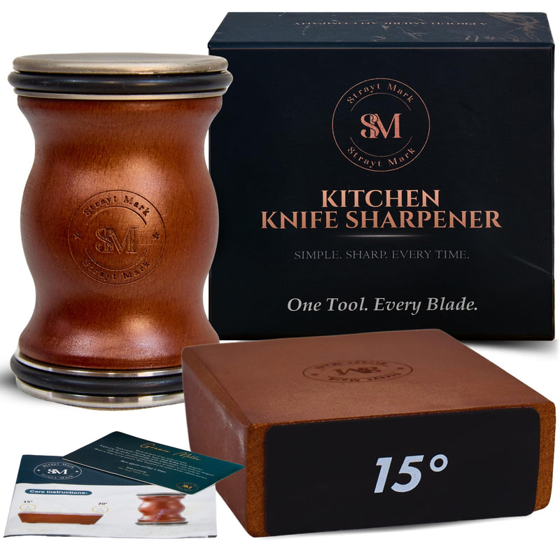 Rolling Knife Sharpener Kit – Premium Walnut Wood Kitchen Knife Sharpener for 15° & 20° Edge - Magnetic Knife sharpener with Diamond & Stainless Disc #1000/#3000